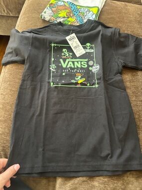 Vans Kids Black Tee with Neon Green Alien Skate Graphic